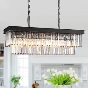 Crystal Chandelier for Dining Room,Rectangular Black Chandelier Modern Rectangle Pendant Light Fixtures for Kitchen Island L33 K9 Contemporary Long Chandelier