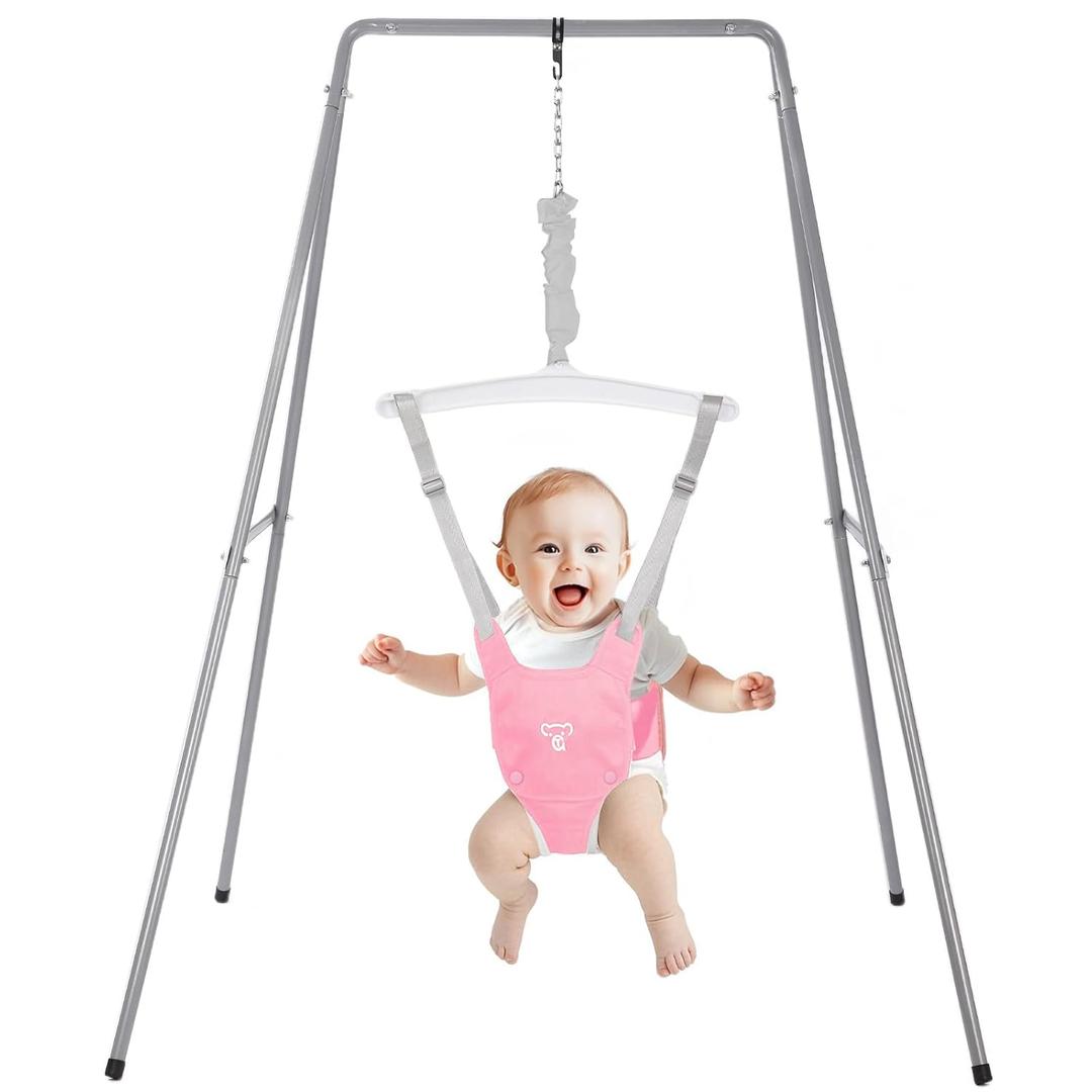 Baby Jumper with Stand, Baby Jumpers and Bouncers, Baby Exerciser Suitable for 6-24 Months, Easy to Assemble & Store Jumper for Baby (Pink)