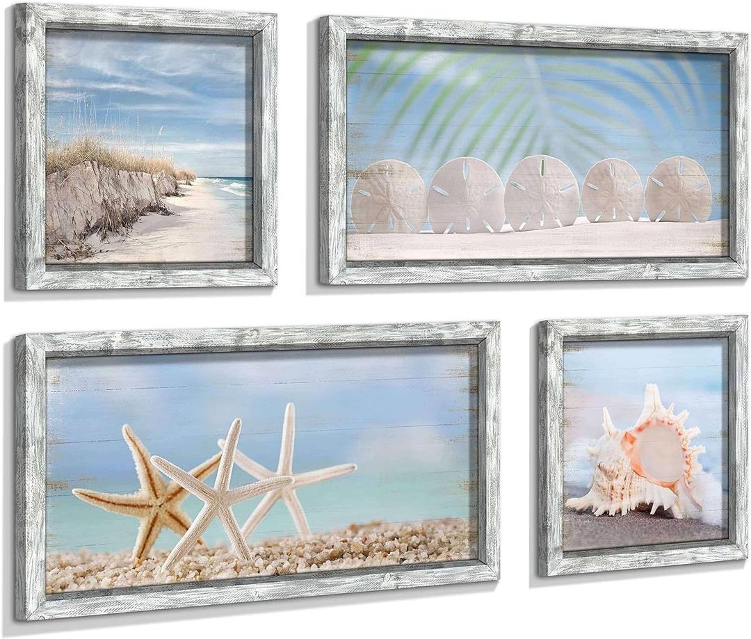 Starfish Prints Wooden Wall Art: Ocean Art Set of 4 Seashell Pictures Collection Beach Framed Wall Decor for Bedroom Overall 36"W x 24"H (White Sand Dollar)