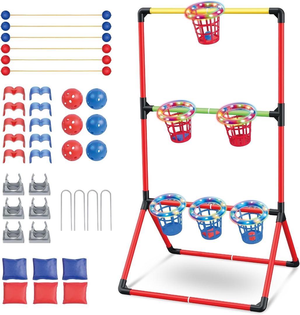 Hitish Backyard Lawn Games for Adults Kids - 3-in-1 Yard Pong with 6 Light Up Basket, Ladder Ball and Bean Bag Toss Game - Outdoor Yard Tailgate Game for Family Parties