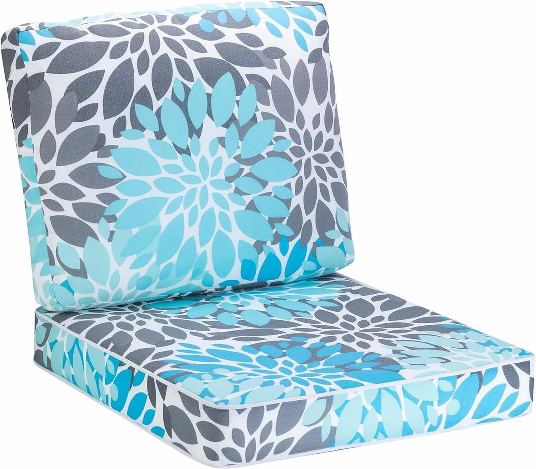JMGBird Outdoor Chair Cushions Set - 19"x19" Tufted Seat & Back Cushions, Water-Resistant UV-Treated Polyester for Patio Furniture (Light Blue With White)