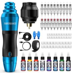 Wormhole Tattoo Kit Wireless Tattoo Machine Kit Tattoo Battery Pack Rotary Tattoo Machine Kit 20 Tattoo Cartridge Needles Tattoo Gun Kit Wireless Tattoo Power Supply Tattoo Kit WTK127 (Blue)