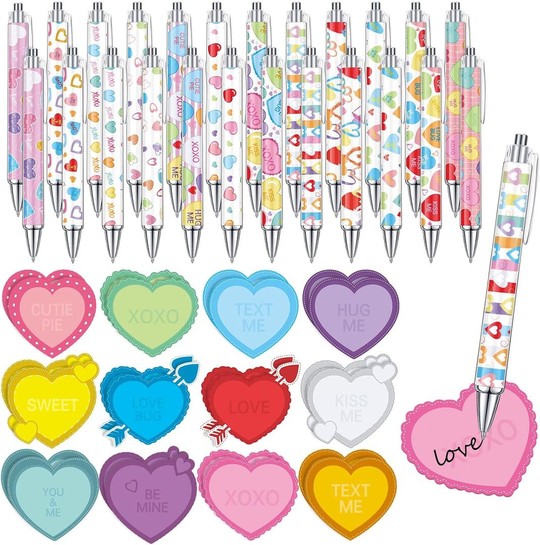 Harloon 48 Pcs Heart Pens with Heart Sticky Notes Ballpoint Pen Retractable Sticky Notes Valentine Prizes Rewards Mothers Day Gifts for Party Favors(Trend)
