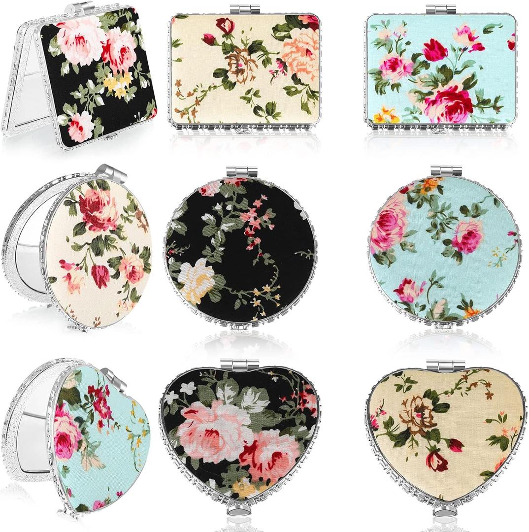 Blulu 9 Pcs Vintage Floral Compact Mirror for Purse Bulk Small Folding Pocket Mirror Portable for Women Makeup Beauty Gifts, Round Square Heart(Silver,Peony Pattern)