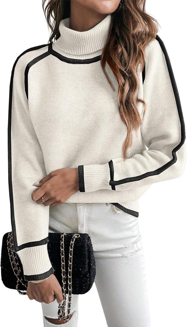 EVALESS Fall Sweaters for Women Trendy 2025 Cute Cozy Turtleneck Long Sleeve Colorblock Knitted Pullover Tops (Small, White)