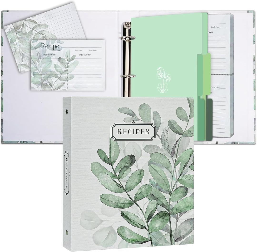 3 Ring Binder, 8.5x9.5, Full Page Binder Set with 25 Pages, 50 Recipe Cards & 6 Dividers