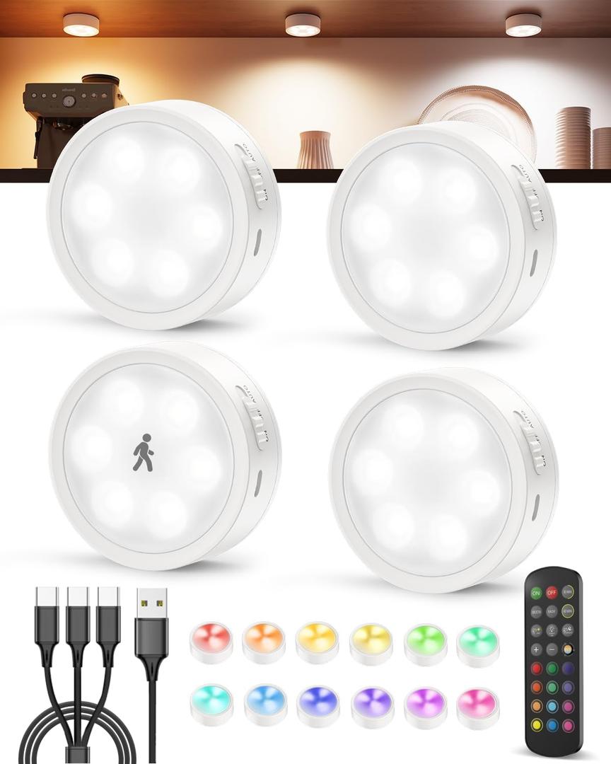 Radar Motion Sensor Puck Lights with Remote Control, RGB Rechargeable Wireless Under Cabinet Lighting for Kitchen, Magnet Stick on LED Closet Lights, Cordless Night Light for Counter, Stair, Bookshelf (4 Pack)