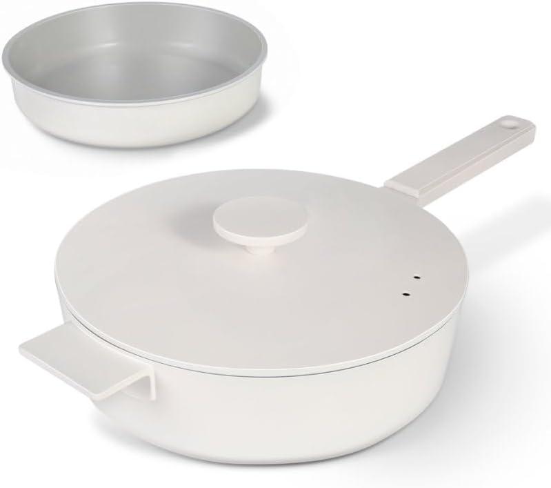 Rokasala 11 Inch All in One Pan with Lid Ceramic Nonstick and 9.5 Inch Circle Pan,Multifunctional Cookware for Vertasile Cooking and (Beige)