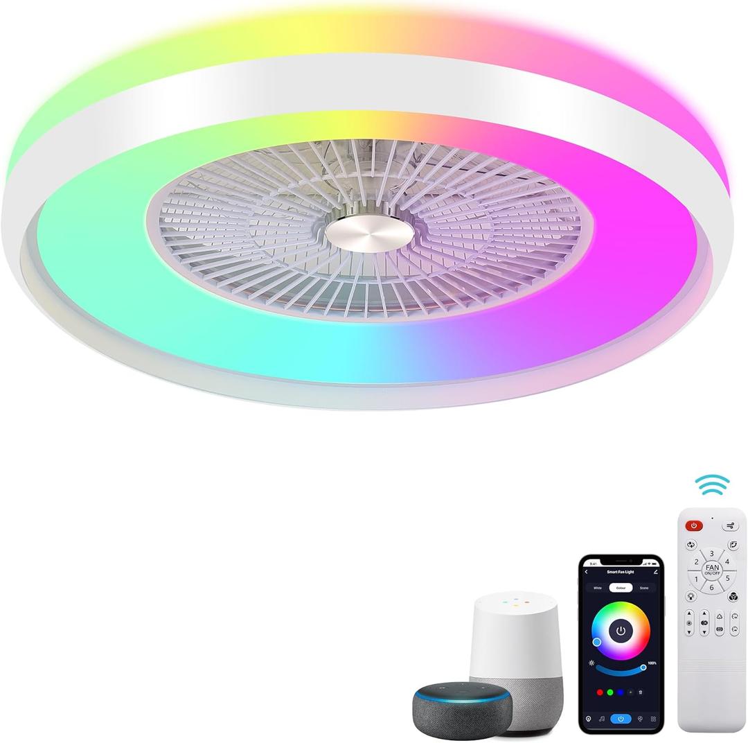 24" Bladeless Ceiling Fan with Light, Low Profile Ceiling Fan with Remote/APP/Voice Control, RGB Enclosed LED Flush Mount Ceiling Fans for Quiet 6 Speeds Timing Reversible