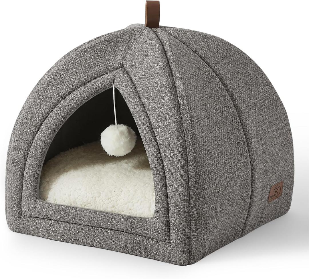 Bedsure Cat Beds for Indoor - 2 in 1 Cat Cave House Tent for Kittens and Small Pets with Removable Washable Cushioned Pillow, Foldable Kitten Hideaway with Non-Slip Bottom, Grey, 16 inches (M(16x16x16))
