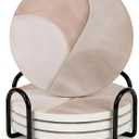 VEYRO Ceramic Coasters Set of 4  Absorbent Stone Drink Coasters with Holder, Non-Slip Cork Backing, Modern Marble Look Coasters for Coffee Table, Desk & Home Decor (Clay 2)