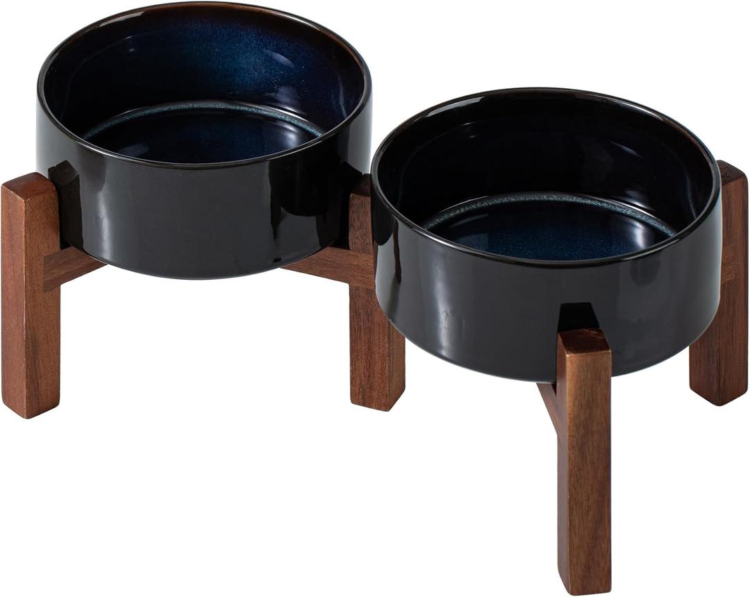 Ceramic 6.1inch Raised Double Dog Bowls Set with Acacia Wood Stand, 2 Heights Elevated, Food & Water Bowls for Small Dogs(28.2oz, Starry Sky) (3.4 CUPS)