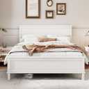 Merax Full Size Wood Platform Bed, Mid-Century Modern Bed Frame with Tall Headboard and Footboard for Bedroom, Solid Wooden Slats Support, No Box Spring Needed, Easy Assembly, White