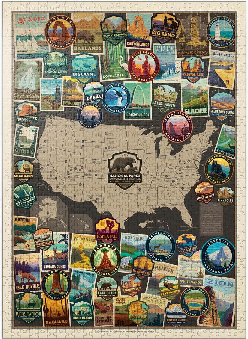 MyPuzzle 63 American National Parks: Collage Map, Vintage Poster - Premium 1000 Piece Jigsaw Puzzle for Adults
