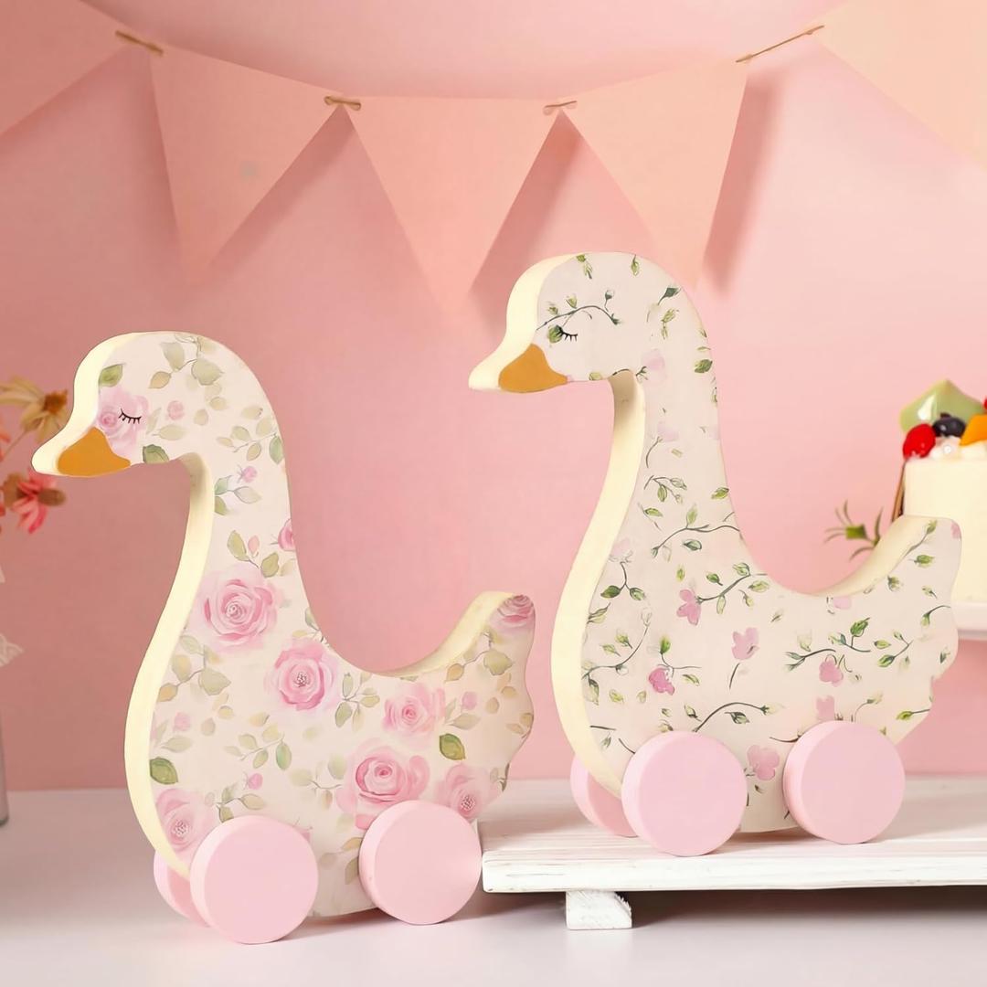 Yousoontic 2 Pcs Silly Goose Baby Shower Table Centerpieces Wooden Silly Goose Birthday Decorations with Floral Prints for 1st Birthday Party, Baby Shower Photo Prop 9" x 9.8"(Pink Rose)