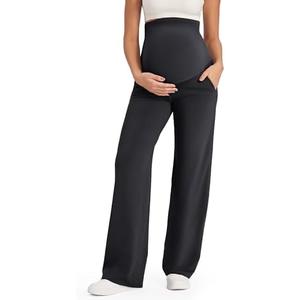 G4Free Maternity Pants Over The Belly Yoga Dress Work Pregnancy Pants Stretchy Lounge Wide Leg Trousers with Pockets Medium
