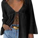 Saodimallsu Womens Summer Lightweight Tie Front Cardigans Crochet Knit Long Bell Sleeve Casual V Neck Beach Cover Ups (Small, Black)