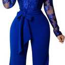 IWEMEK Women Elegant Off Shoulder Floral Lace Slim Long Jumpsuit Pants High Waist Casual Bodycon Wide Leg Romper with Belt (X-Large, Blue)