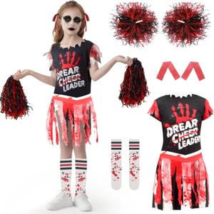 WooWee Girl Zombie Cheerleader Costume, Fearleader Scary Halloween Costumes for Kids, Dead Cheerleader Outfit for Role Play (Medium: 10-12 Years, Red Black)