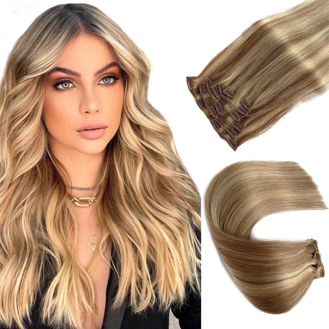 Clip in Hair Extensions Real Human Hair, Golden Brown Balayage Blonde Highlights Real Hair Extensions Clip ins, 7 Pieces 70G Human Hair Extensions Clip in Human Hair Double Wefts Clip Hair 16 Inch (#12-613)