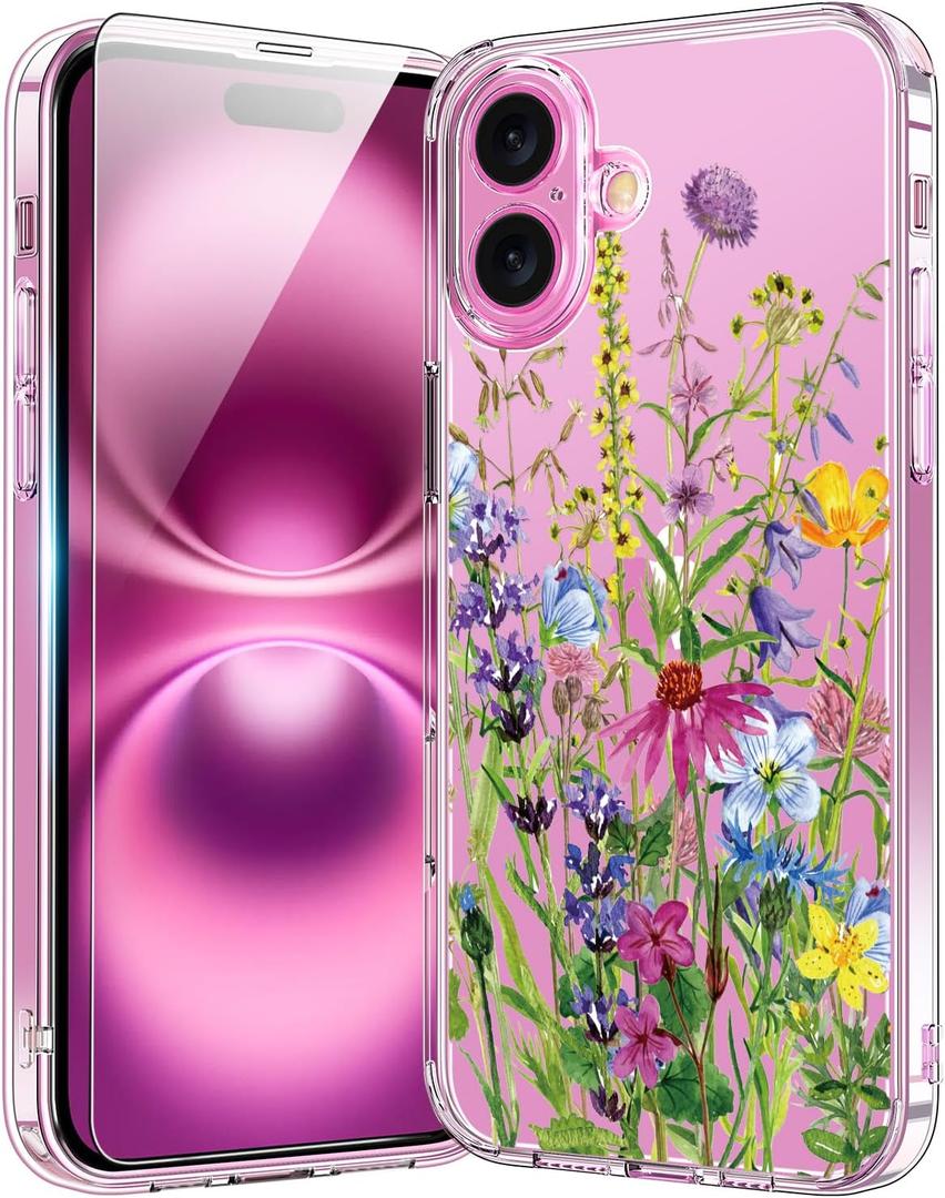 bicol for iPhone 16 Case with Screen Protector, Enhanced Camera Protection, Crystal Acrylic Clear with Fashionable Designs for Girls Women, Slim Fit Protective Phone Cover 6.1" Blooming Flowers