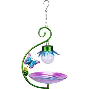 MUMTOP Hanging Bird Bath - Bird Baths for Outdoors, 11 Inch Glass Solar Bird Bath Bowl Bird Feeder Birdbath with Led Cracked Glass Ball and Metal Butterfly for Garden and Patio Decor
