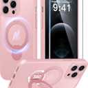 FNTCASE for iPhone 12 Pro-Max Case: [360 Spin Magnetic Stand] [Compatible with Magsafe] [Screen Protector] Translucent Matte Military Grade Shockproof Full Camera Protective Phone Cover - Pink