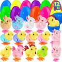 LEASEN 12 Pack Easter Eggs Filled with Wind-up Bunny Chicken Toys, Easter Eggs Fillers with Jumping Bunnies Chicks Stuffed for Easter Hunt, Easter Party Favor, Basket Stuffers Fillers