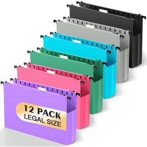 Extra Capacity Legal Size Hanging File Folders,12 Pack Reinforced Plastic Hanging Folder, Heavy Duty 2 Inch Expansion, Filing Cabinet Folders for Bulky Files, Medical Charts, Colorful (Black (With Side))