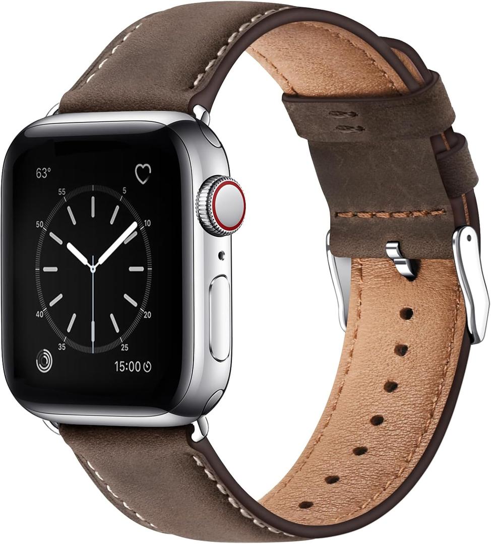 SUNFWR Leather Bands Compatible with Apple Watch Band 42mm(Series 3 2 1) 44mm 45mm 46mm 49mm for Men Women, Top Grain Genuine Leather Replacement Strap for iWatch Ultra 3 2 1, SE3 2 1, Series 11 10 9 8 7 6 5 4 3 2 1 (Coffee/Silver)