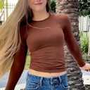 Sunzel Tight Long Sleeve Shirts for Women Slim Fit Tshirts Crew Neck Basic Tees Trendy Fitted Workout Going Out Tops (Brown, XS)