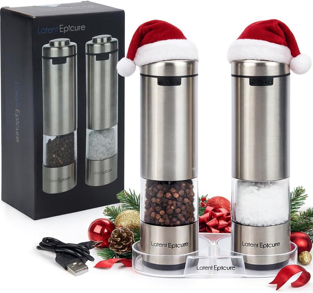 Electric Salt & Pepper Grinder Set  USB-C Rechargeable Stainless-Steel Mills & Shakers with LED Light, Adjustable Ceramic Grinders & Acrylic Rest Tray