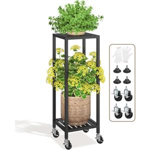 LASZOLA 2 Tier Black Metal Plant Stand Indoor Outdoor with Wheel for Large Planter, Modern Heavy Duty Tall Rolling Rack for Corner House Bathroom Patio Floor, Iron Flower Shelf Holder for Orchid Fern