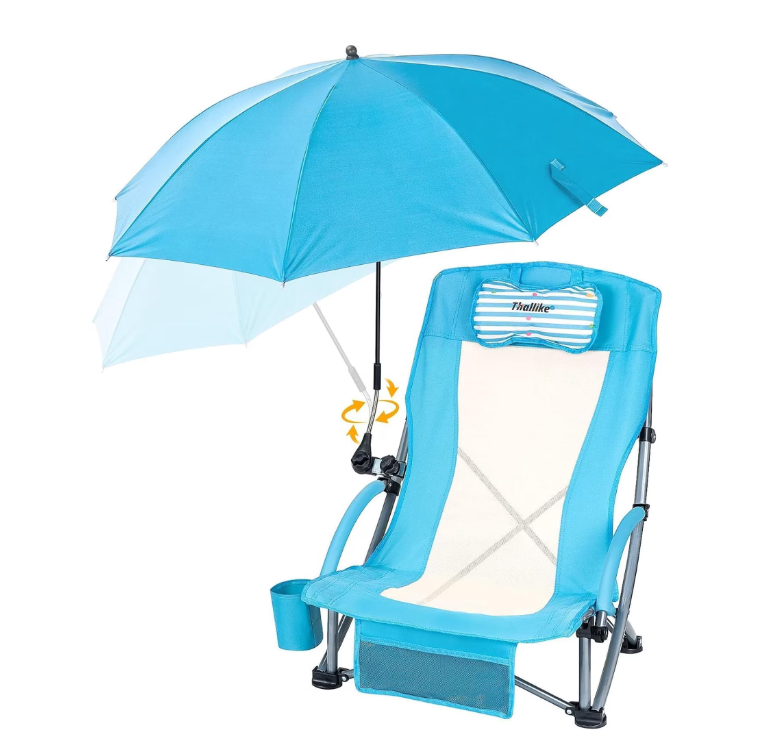 Thallike High Back Folding Beach Chair with Umbrella, Blue - 1 Set