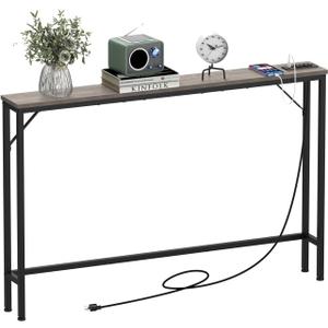 Tohomeor 5.9" Skinny Behind Sofa Console Table with Charging Station 47.2" Narrow Long Behind Couch Table with Power Outlets USB Ports Thin Entry Table for Entryway Living Room Hallway Retro Grey (L-47.27xW-5.91)