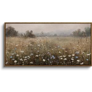 InSimSea Extra Large Framed Vintage Wall Art, Living Room Country Farmhouse Decor, Spring Wildflower Field Landscape Canvas Prints, Retro Scenery Long Pictures for Bedroom Above of Bed, 20x40inch