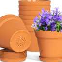 4 Inch Plastic Plant Pots with Drainage Holes and Trays  8 Pack Small Nursery Pots for Indoor & Outdoor House Plants and Flowers, Seedling Starter Planters, Terracotta
