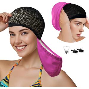 2 x Womens Swim Cap for Long Hair PU Fabric Hairnet Swimming Caps for Women Men Adults Youths with Ear Plug and Nose Clip, Swim Hats Pool Caps to Protect Hair no Pulling