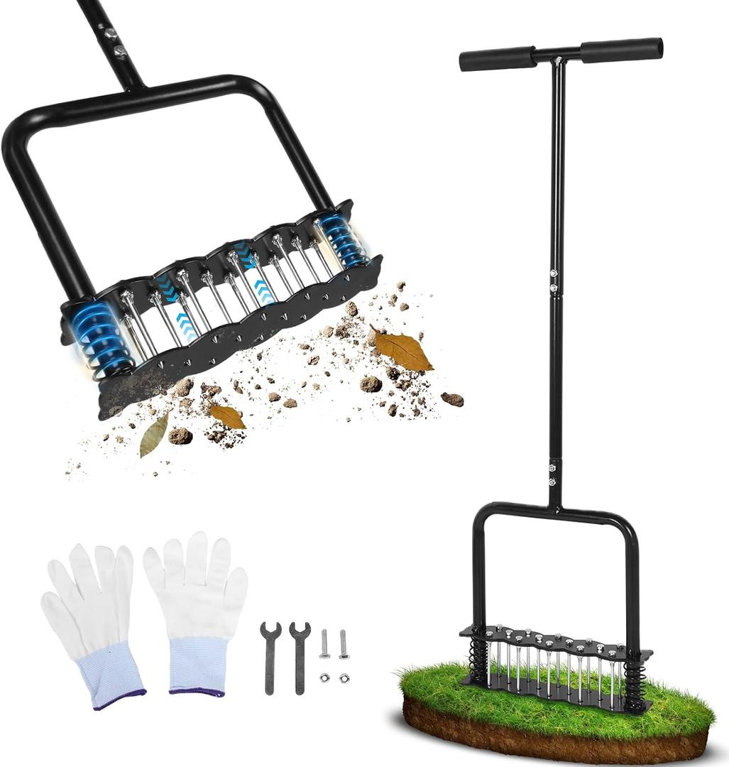 Lawn Aerator Tool with 14 Metal Spikes Manual Yard Aerator with Spring Base & Auto Leaf Cleaning for Soil Aeration, Lawn Care, Grass Health Heavy Duty Aerator for Garden, Backyard, Patio