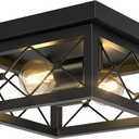 Aolloa Black Flush Mount 2-Light Hallway Light Fixtures with Vintage Metal Square Ceiling Lamp for Kitchen, Living Room, Bedroom