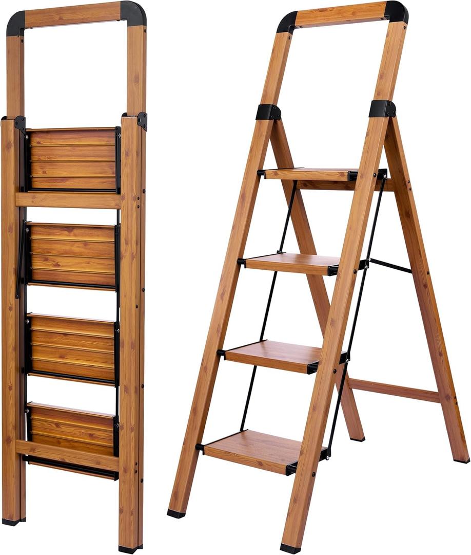 BIBKOKE Step Ladders Folding 4-Step Woodgrain Finish Aluminum Foldable Step Stool, Anti-Slip Portable Sturdy for Home & Kitchen Office 330 lbs