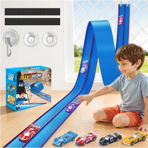 Upgrade Flexible Race Track for Kids, 15 Ft Flex Race Car Ramp Track with 4 Cars & Suction Cups - Compatible with Diecast 1/64th Cars, Car Tracks Toys for Kids Boys Girls Ages 3 4 5 6+ (Blue)