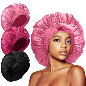 3Pcs Bonnet for Sleeping, Extra Silk Satin Hair Bonnets with Tie Band for Curly Hair Braids (A15-Black+Rose Pink+Dark Rose Pink)