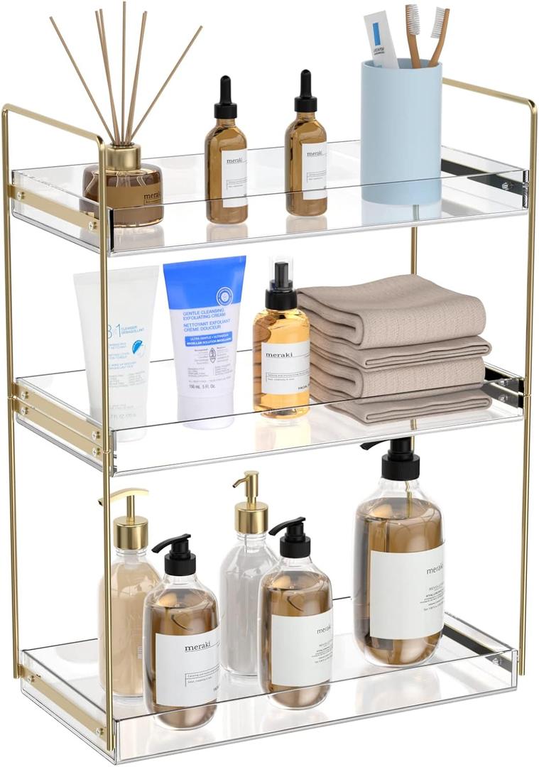 Bathroom Countertop Organizer, 3 Tier Acrylic Tray Vanity Counter Skincare Organizer Shelf, Kitchen Under Sink Standing Rack, Home Storage Holder for Lotion Makeup Cosmetics Perfume Spice, Gold | Vanity Counter, Kitchen Under Sink, Home Storage Holder, for Lotion, Makeup, Cosmetics