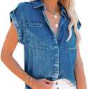 chouyatou Women's Casual Distressed Button Down Sleeveless Denim Jean Shirt Tops (Medium Blue)