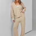 ANRABESS Women 2 Piece Lounge Sets 2025 Fall Outfits Casual Waffle Knit Cardigan Sweater Pant Set Travel Airport Clothes Khaki Small (S)