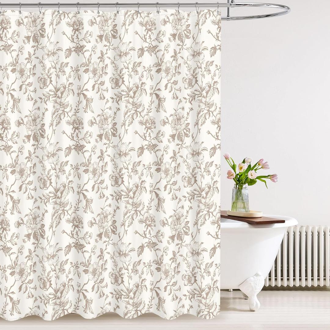 Tititex Boho Rustic Beige Flower Faux Linen Shower Curtain, Vintage Bathroom Decoration Shower Curtain Sets 72x72 in with Hooks