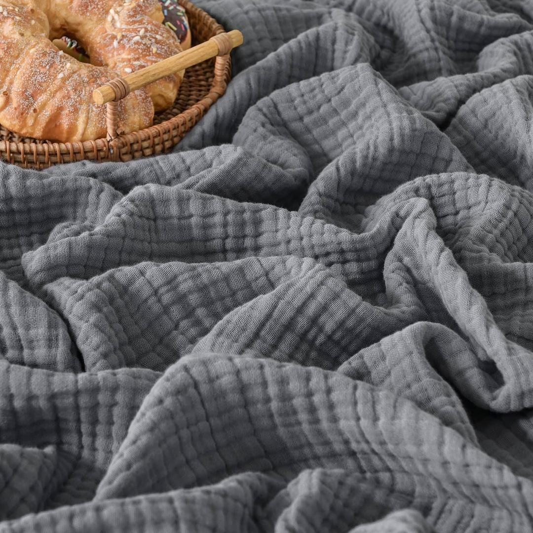 Esterra Queen Size Cozy Soft Lightweight Pre-Washed Cotton Blanket, All Season Breathable 4-Layer Gauze Blanket Throw for Couch Bed, Dark Gray, 90x90 Inches