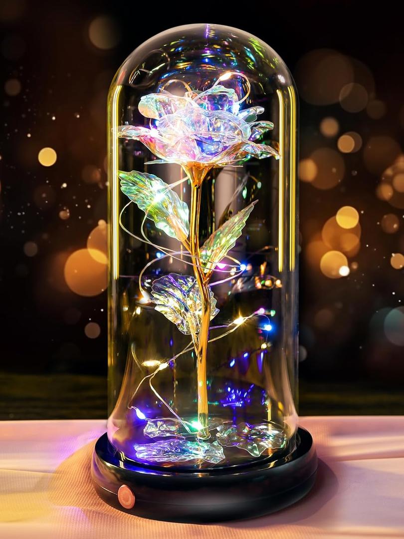 Mothers Day Flowers Gifts for Mom Women Birthday Gift, Rechargeable Galaxy Glass Rose in Glass Dome Forever Crystal Rose Anniversary Mother's Day Roses Gifts for Daughter Wife Women Grandma Rainbow