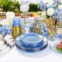 Rubtlamp 100Pcs Blue Gold Plastic Plates, Blue Disposable Plates With Gold Rim, Hammered Plastic Plates Include 50 Dessert Platos, 50 Dinner Platos for Party